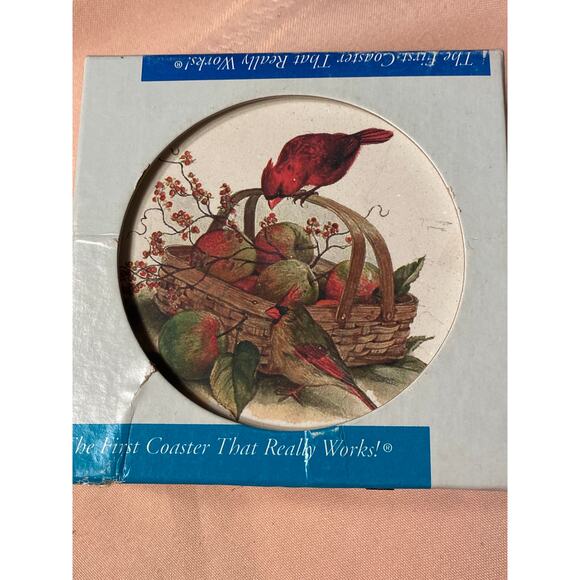 CoasterStone Set of 4 Drink Coasters Pair of Cardinal Birds on Apple Basket NIB - Picture 2 of 12